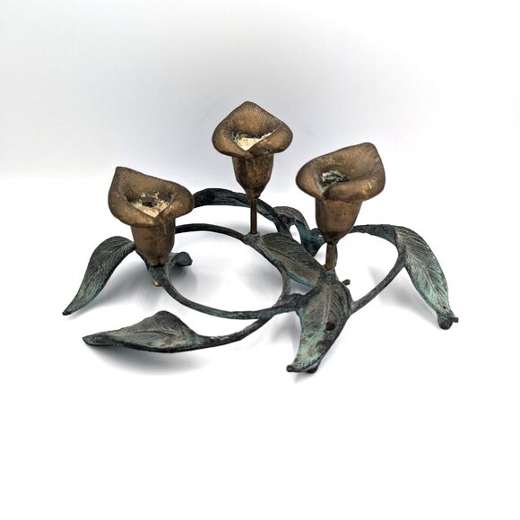 Neoclassical Gatco MCM Solid Brass Cala Lily Triple Taper Candlestick Candle - Picture 1 of 8